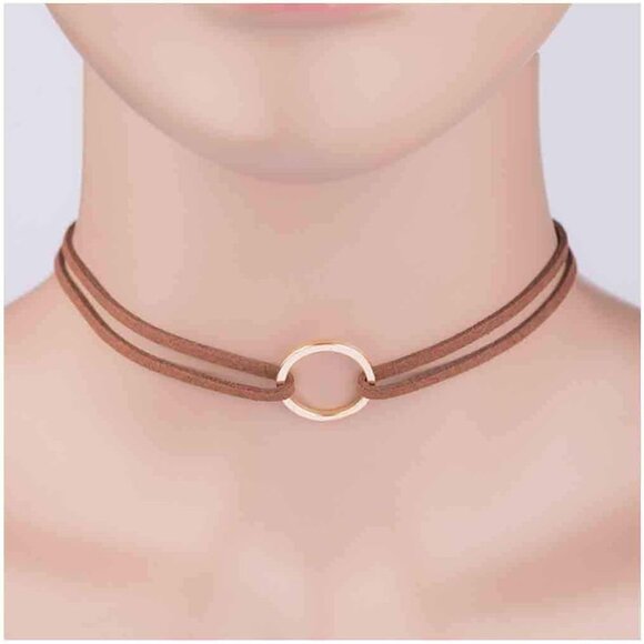 Elegant Gold and Brown Leather Choker Necklace - Perfect Holiday Gift for Women - Picture 2 of 7